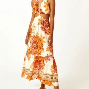 FARM Rio tiered halter Floral Maxi Dress - Orange and Cream